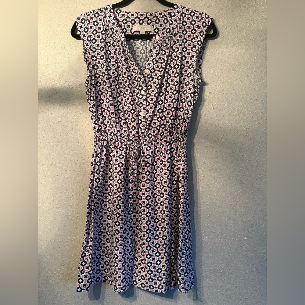 LOFT Navy and Light Purple Patterned Mini Dress